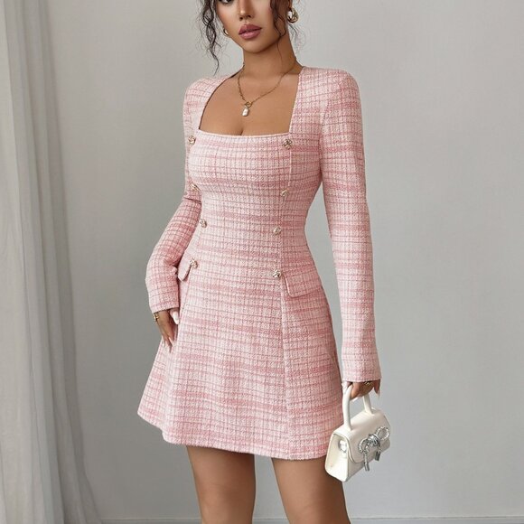 Pink Tweed Square Neck Mini Dress - Picture 2 of 5